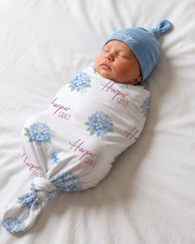 Personalized Swaddle in Blue Hydrangea