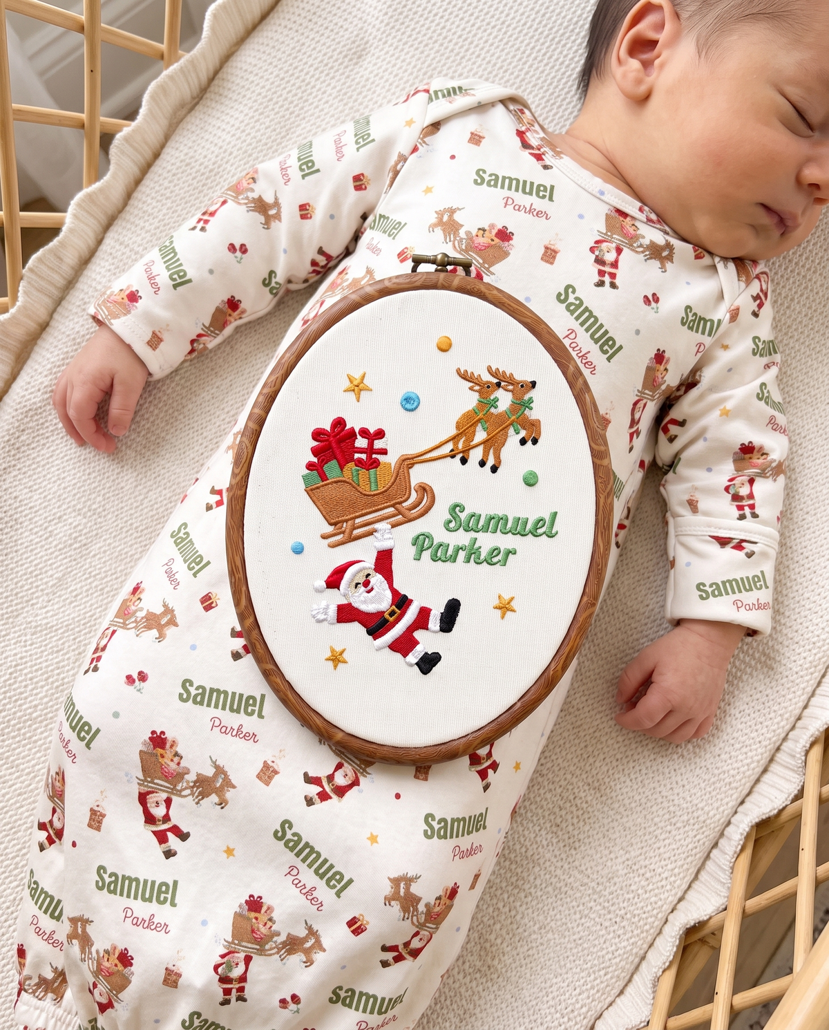 Personalized embroidered hoop sign resting on a sleeping baby in a Santa's Joyride sleep gown