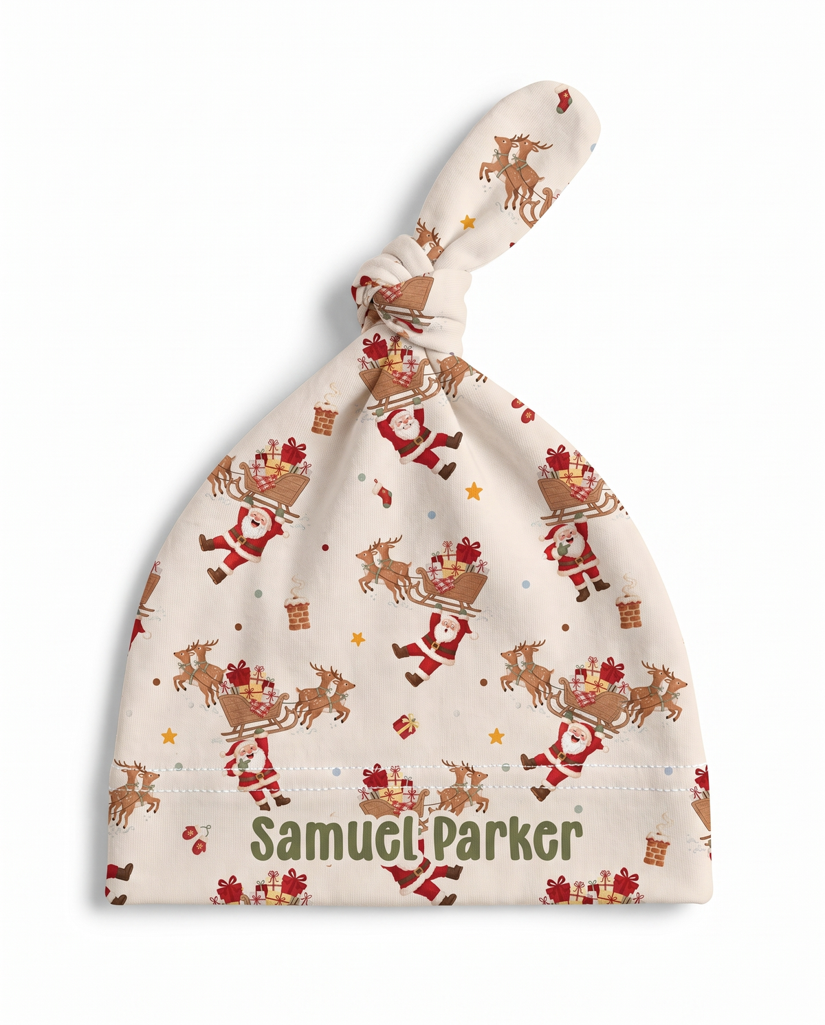 Santa's Joyride knotted hat in Santa and reindeer sleigh print with name, on white