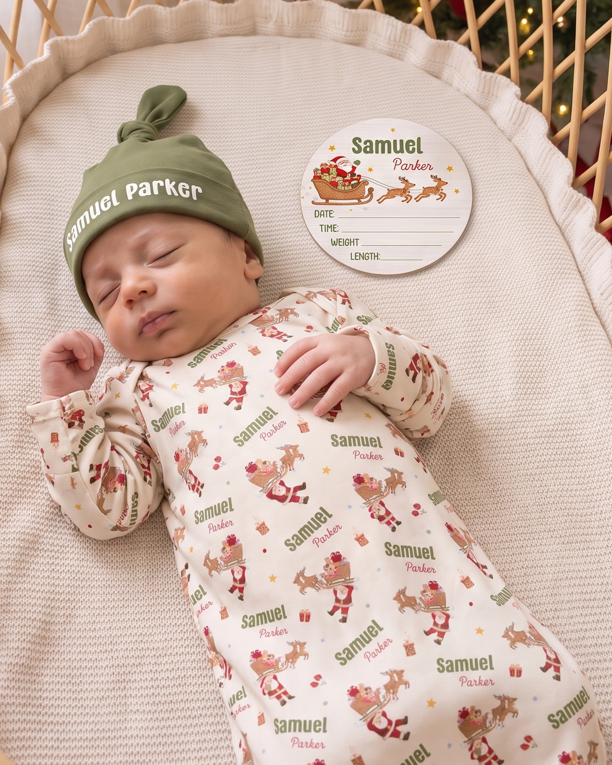 Baby in a knotted hat lying beside the personalized Santa's Joyride birth stats sign