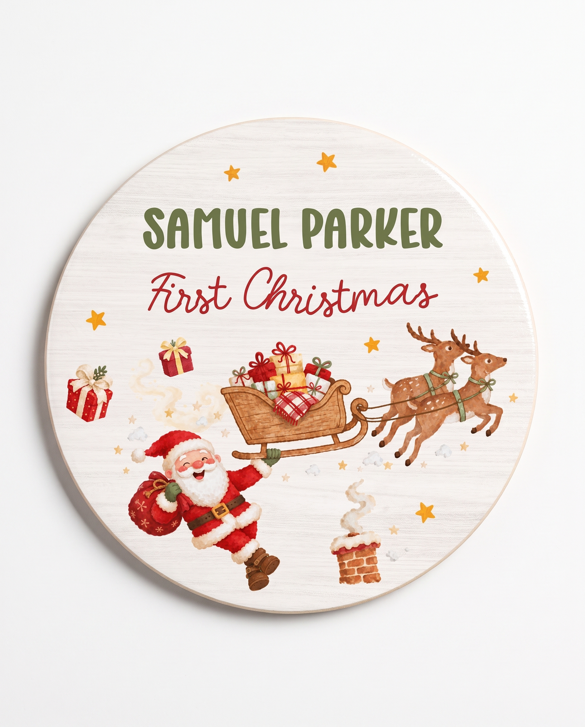 Round wooden First Christmas name sign with Santa's sleigh and the baby's name