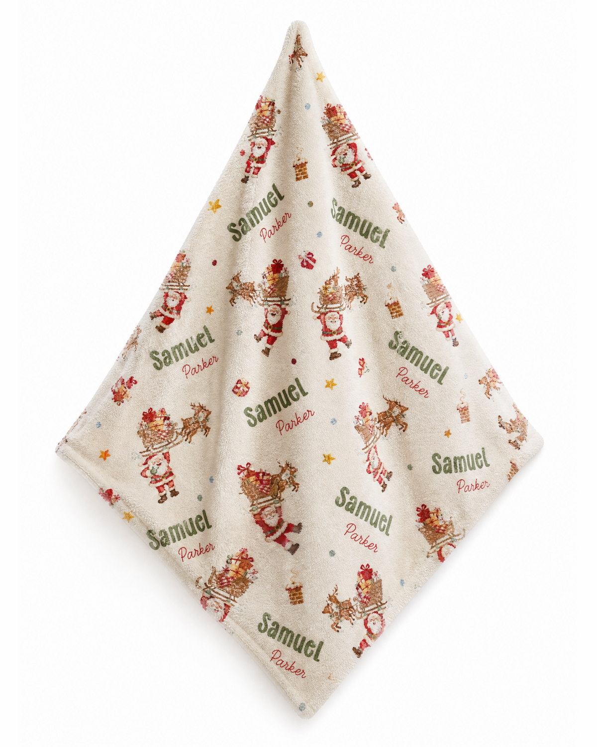 Personalized Santa's Joyride mini lovey with sherpa back and baby's name, on white