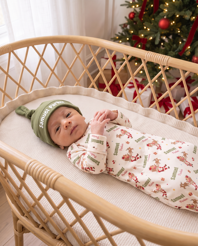 Newborn in the personalized Santa's Joyride sleep gown and knotted hat in a rattan bassinet