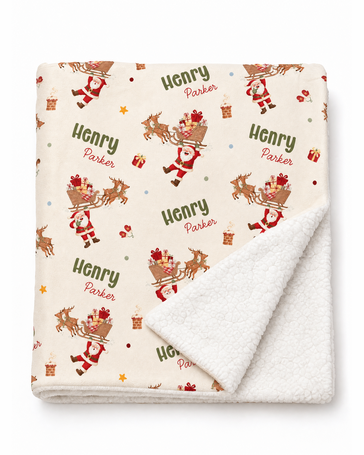 Folded Santa's Joyride blanket personalized with the name Henry, showing the sherpa lining