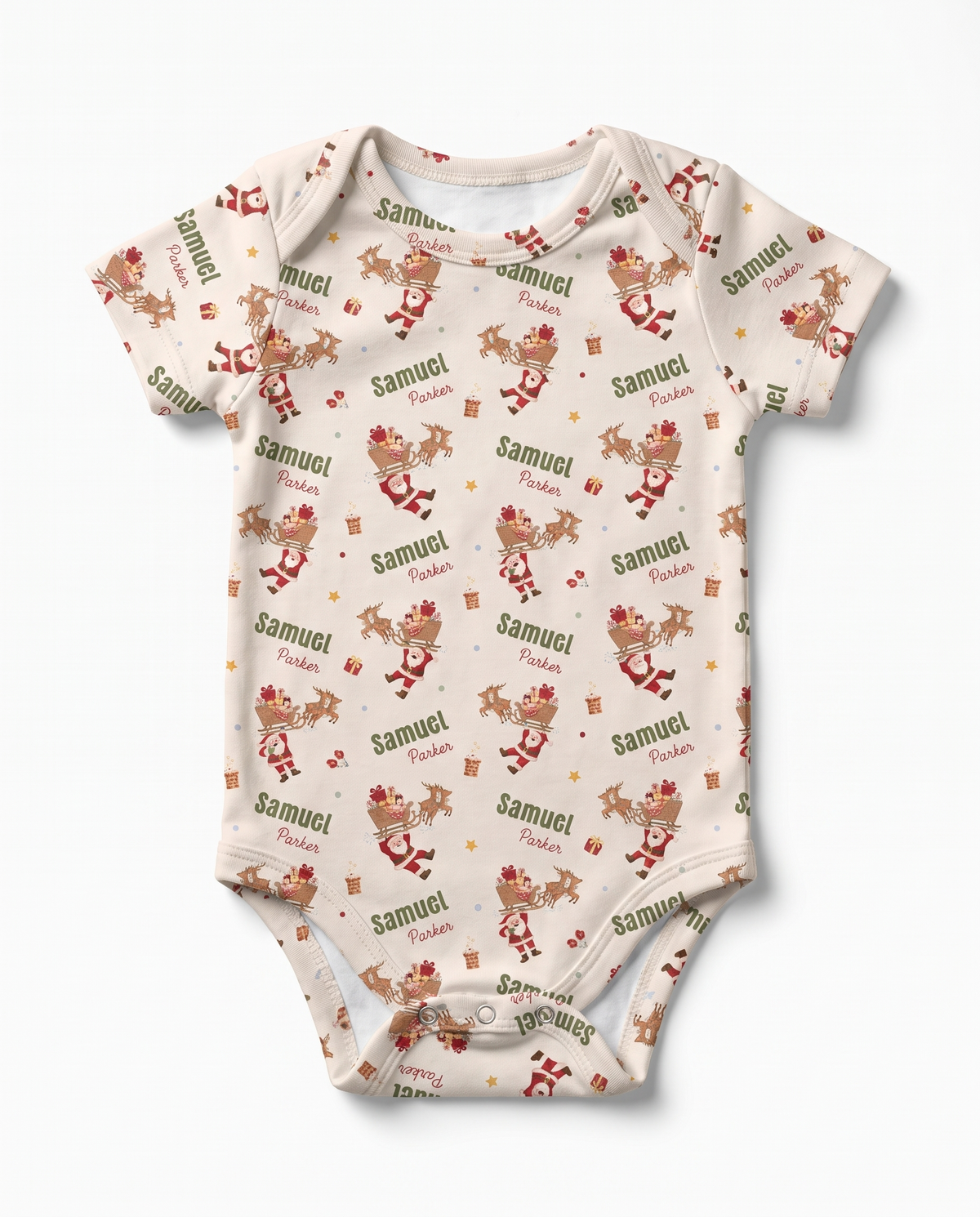 Personalized short-sleeve bodysuit in Santa's Joyride print with baby's name, on white