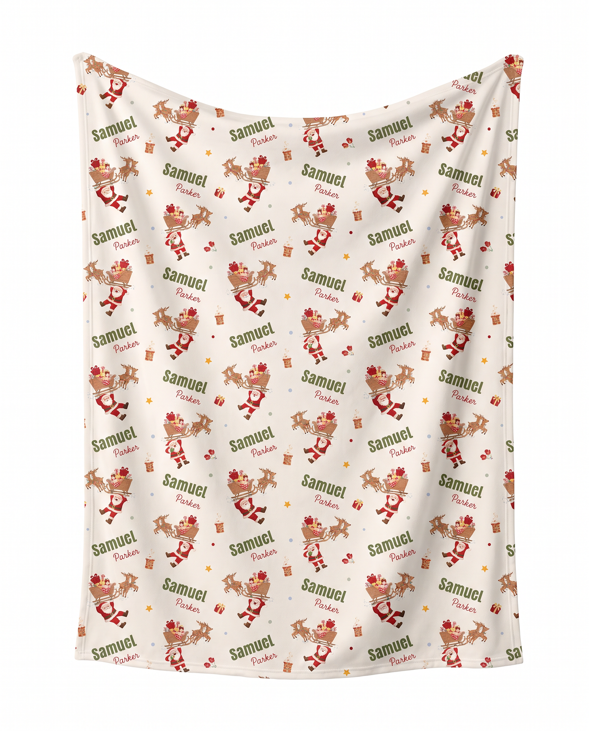 Personalized Santa's Joyride swaddle blanket with Santa and reindeer sleigh print and baby's name, on white