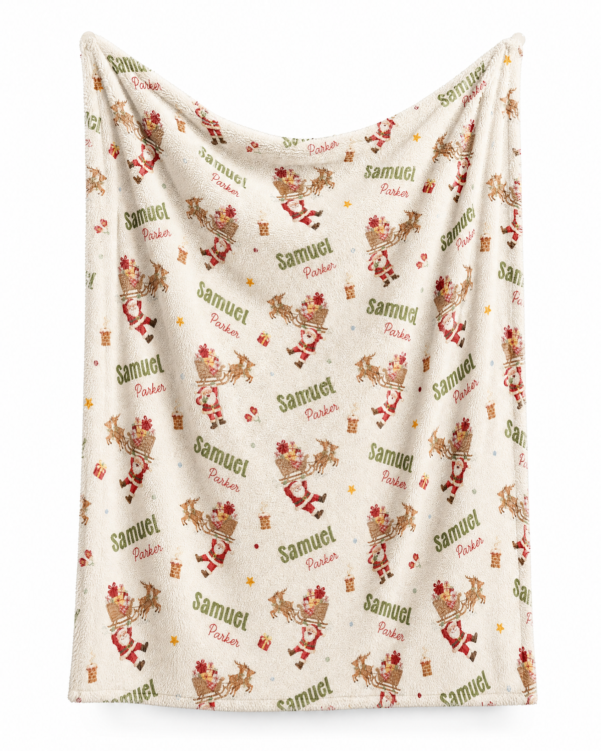 Personalized Santa's Joyride blanket with Santa and reindeer sleigh print and name, on white