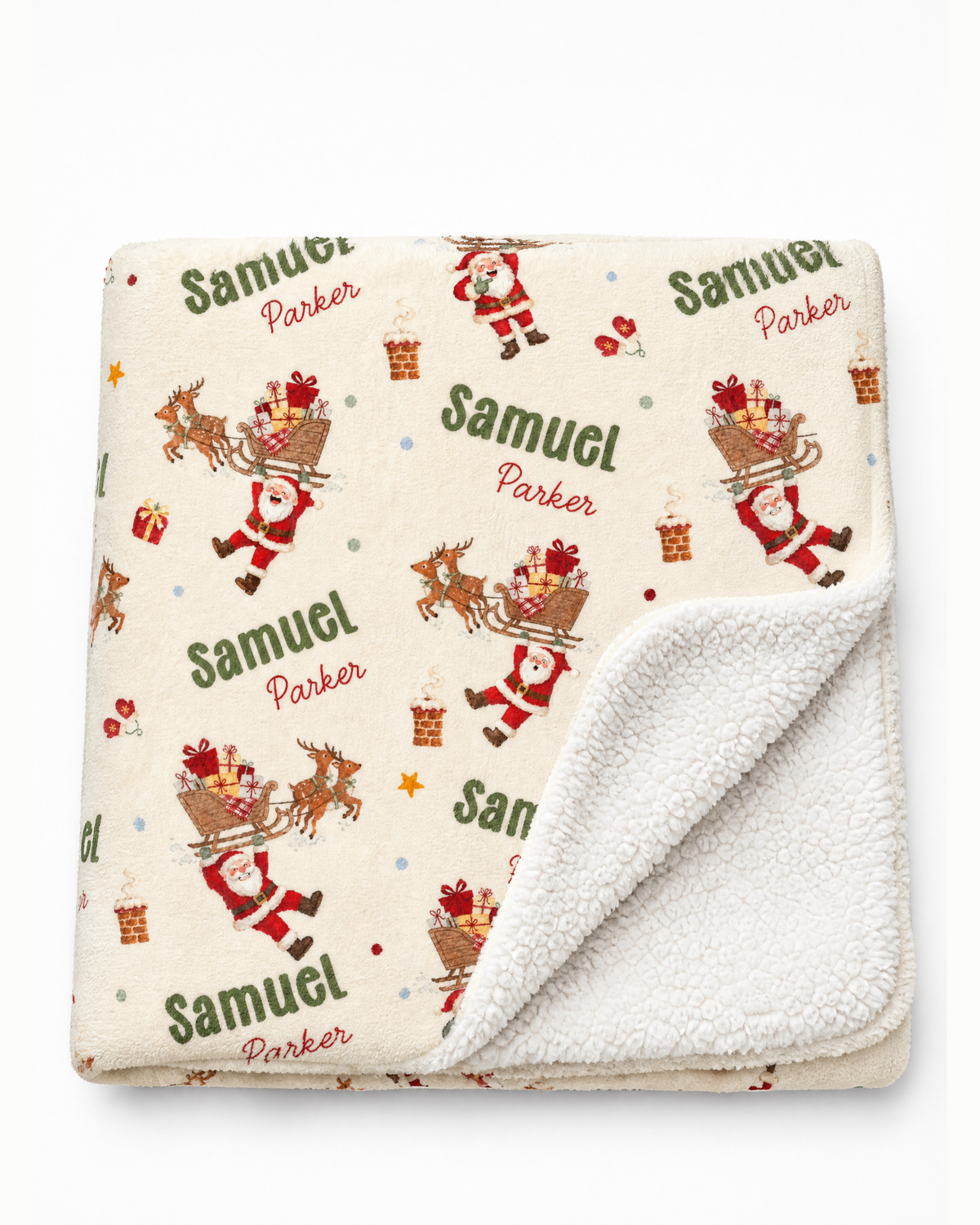 Santa's Joyride personalized blanket with the corner folded back to show the sherpa side