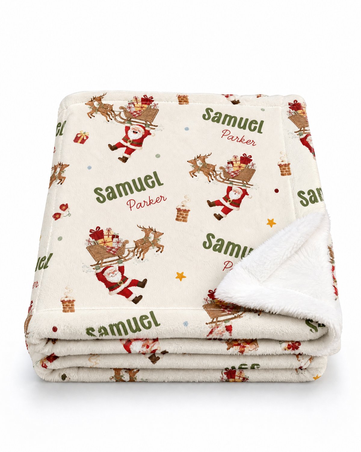 Folded Santa's Joyride sherpa blanket showing the personalized name print and cozy sherpa back