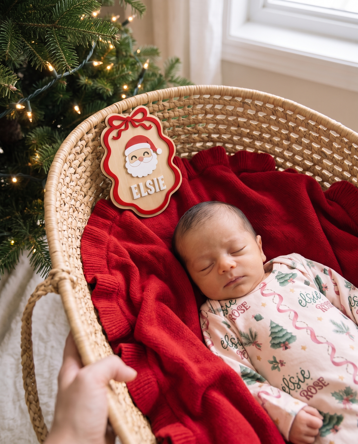 Ribbon Santa personalized wood announcement sign propped against the rim of a woven bassinet lined with a red ruffle blanket
