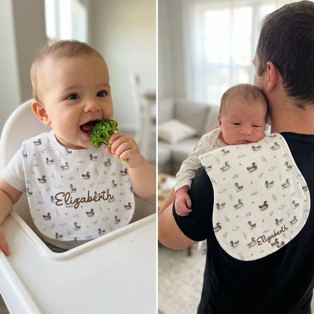 Personalized Bib and Burp Cloths in Mallard