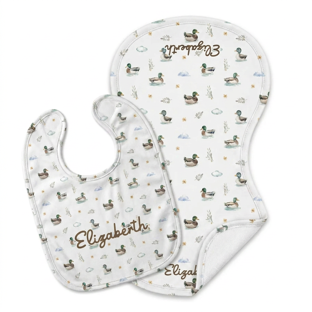 Personalized Bib and Burp Cloths in Mallard