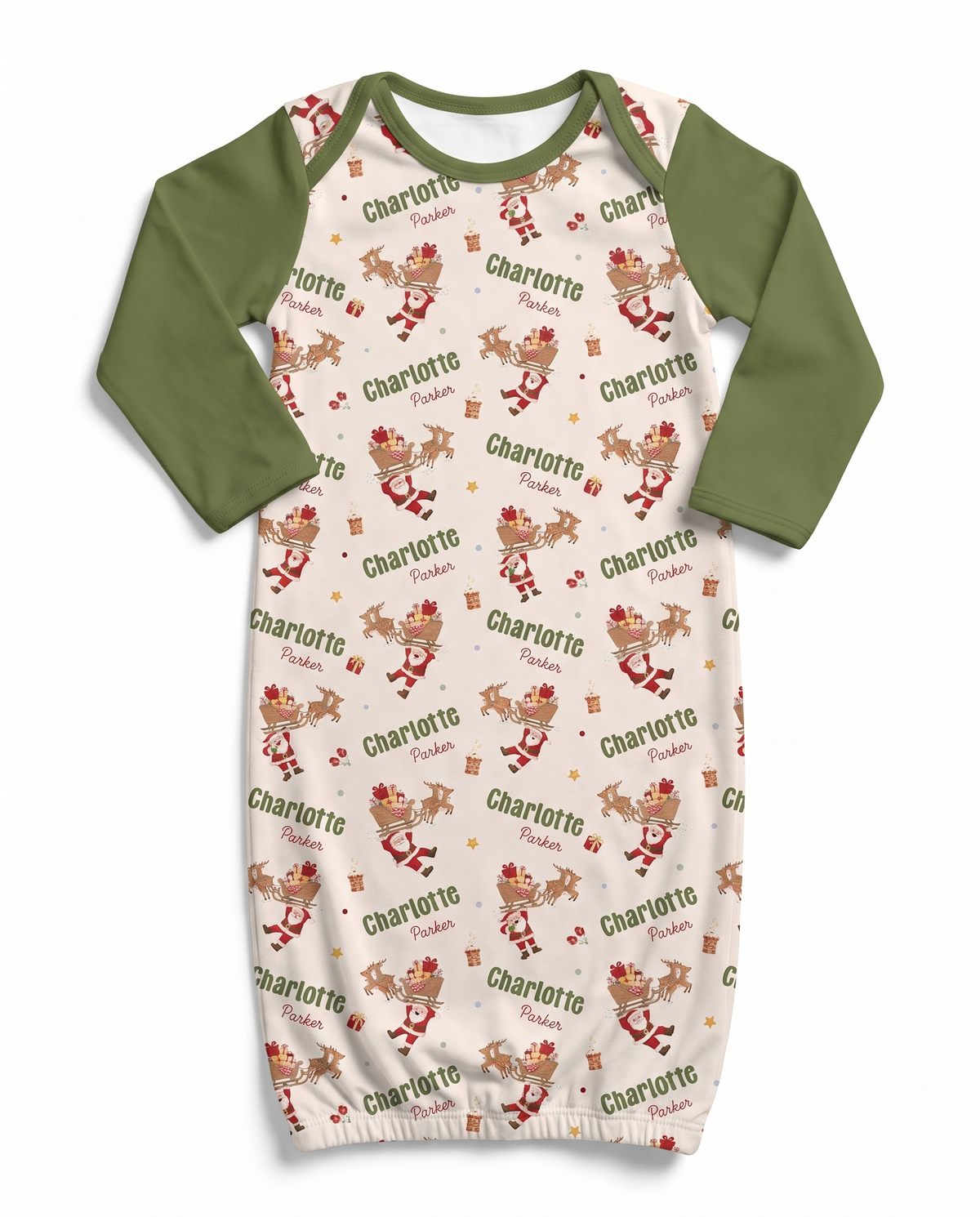Personalized baby sleep gown in Santa's Joyride print with olive sleeves, flat lay on white