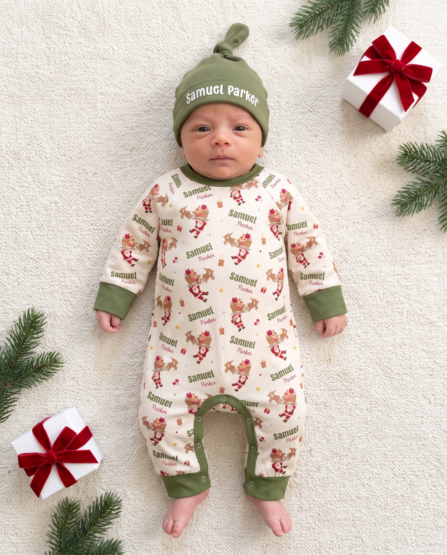 Baby in Santa's Joyride long-sleeved snap romper and matching knotted hat, lying on cream blanket with gift boxes