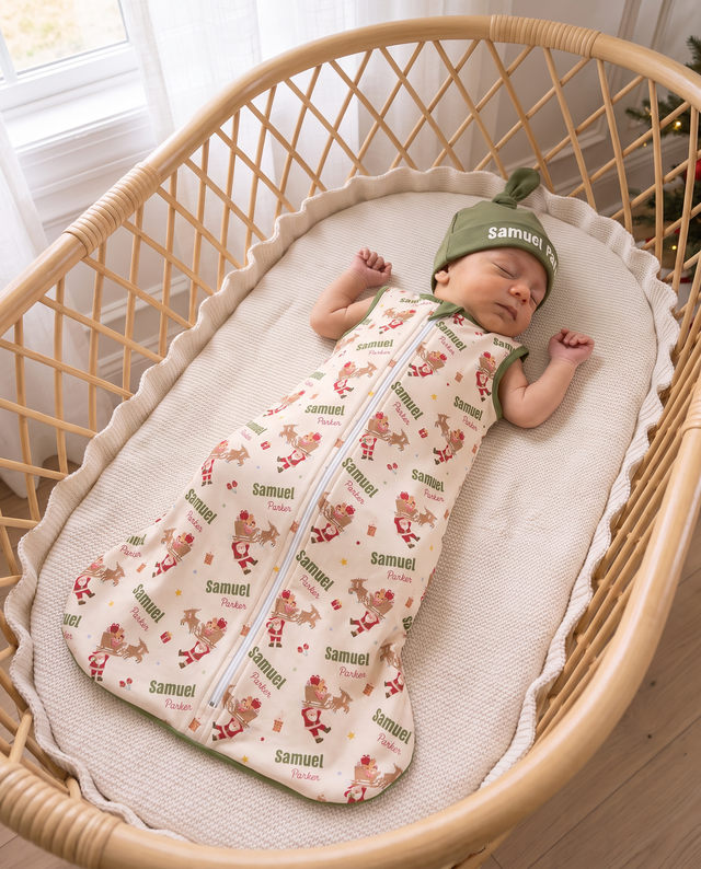 Sleeping baby in Santa's Joyride sleep bag and matching knotted hat, in a rattan bassinet