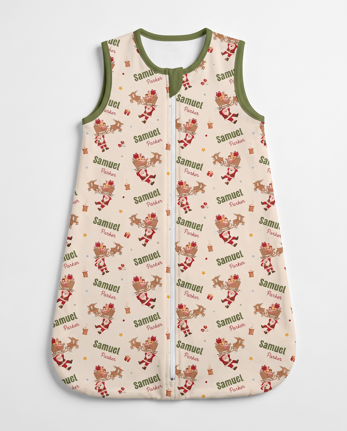 Personalized sleeveless sleep bag in Santa's Joyride print with zipper, flat lay on white