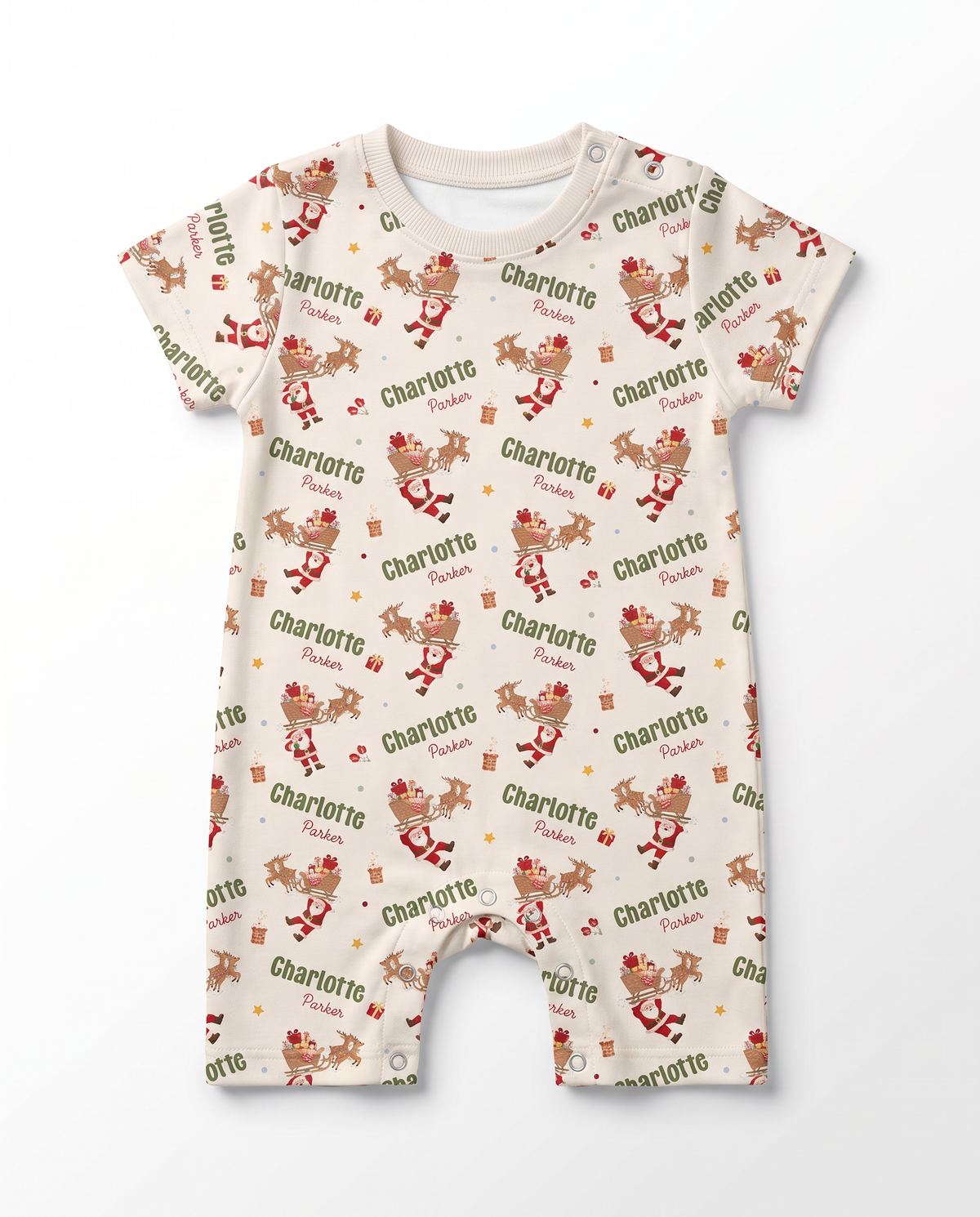 Personalized short-sleeve snap romper in Santa's Joyride print, flat lay on white