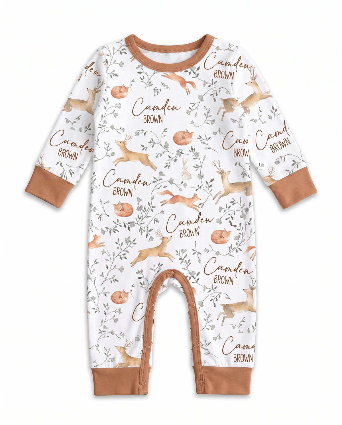Personalized Long-sleeved Snap Romper in Forest Besties