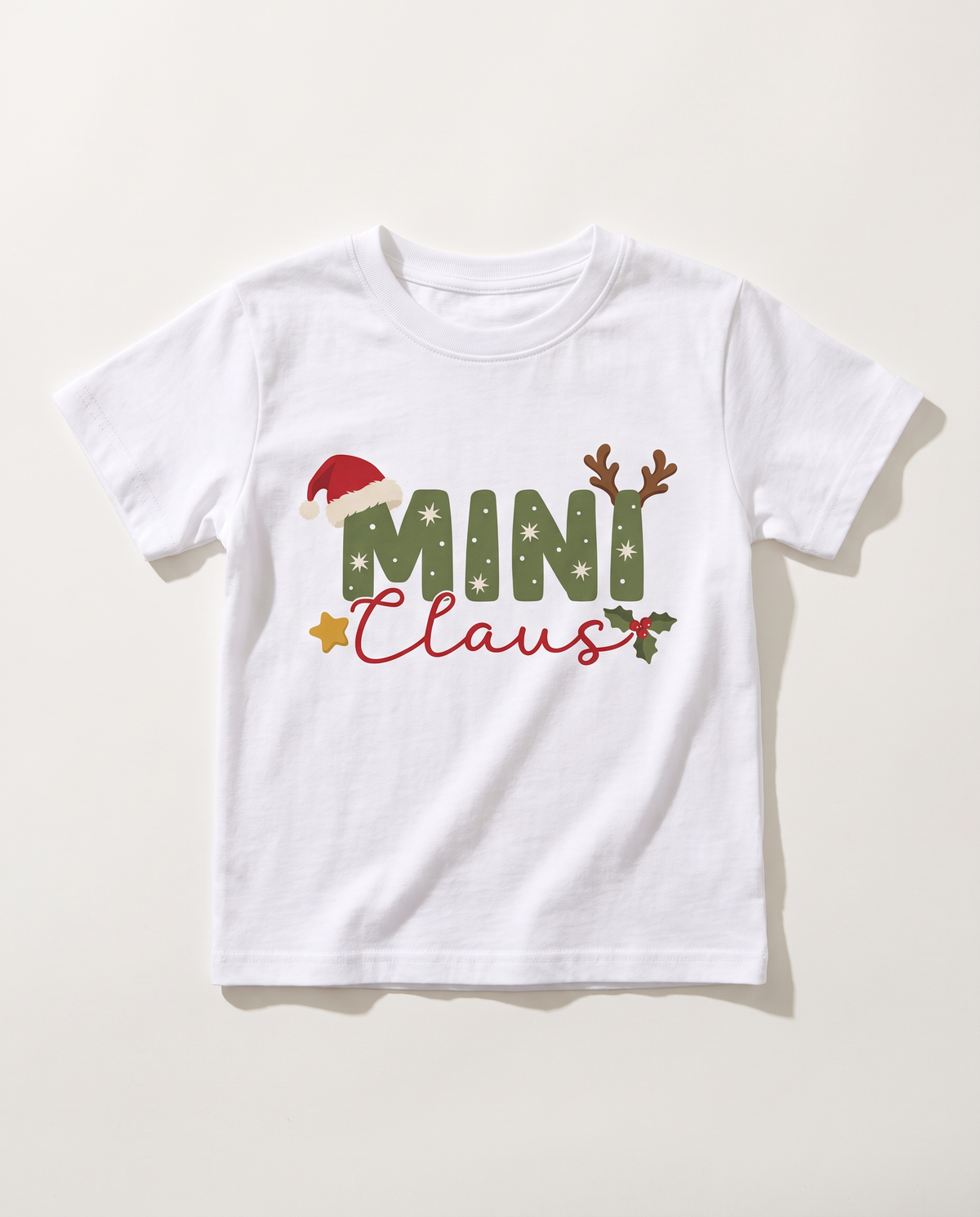 Kid graphic tee with Mini Claus design and Santa hat, on white