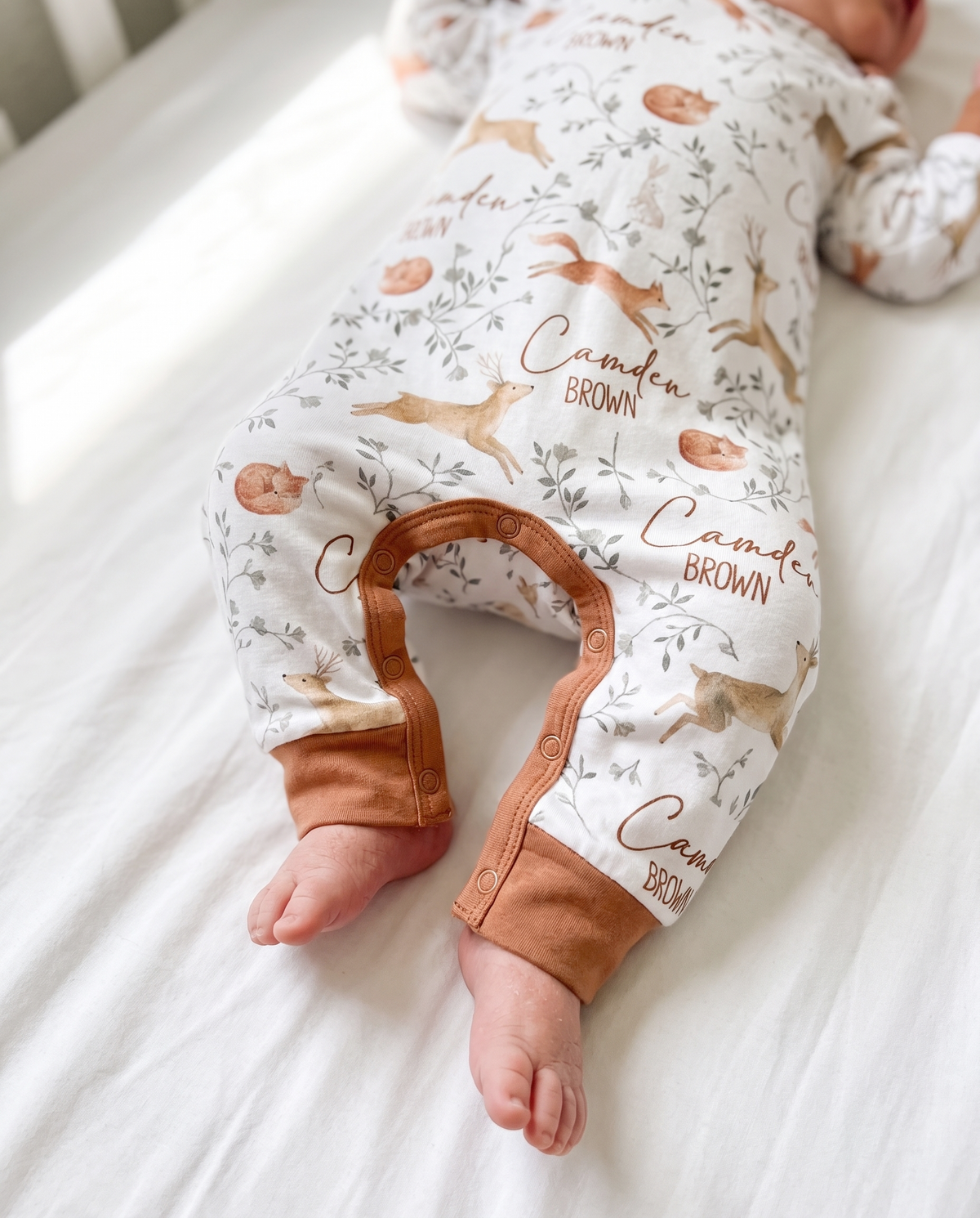 Personalized Long-sleeved Snap Romper in Forest Besties