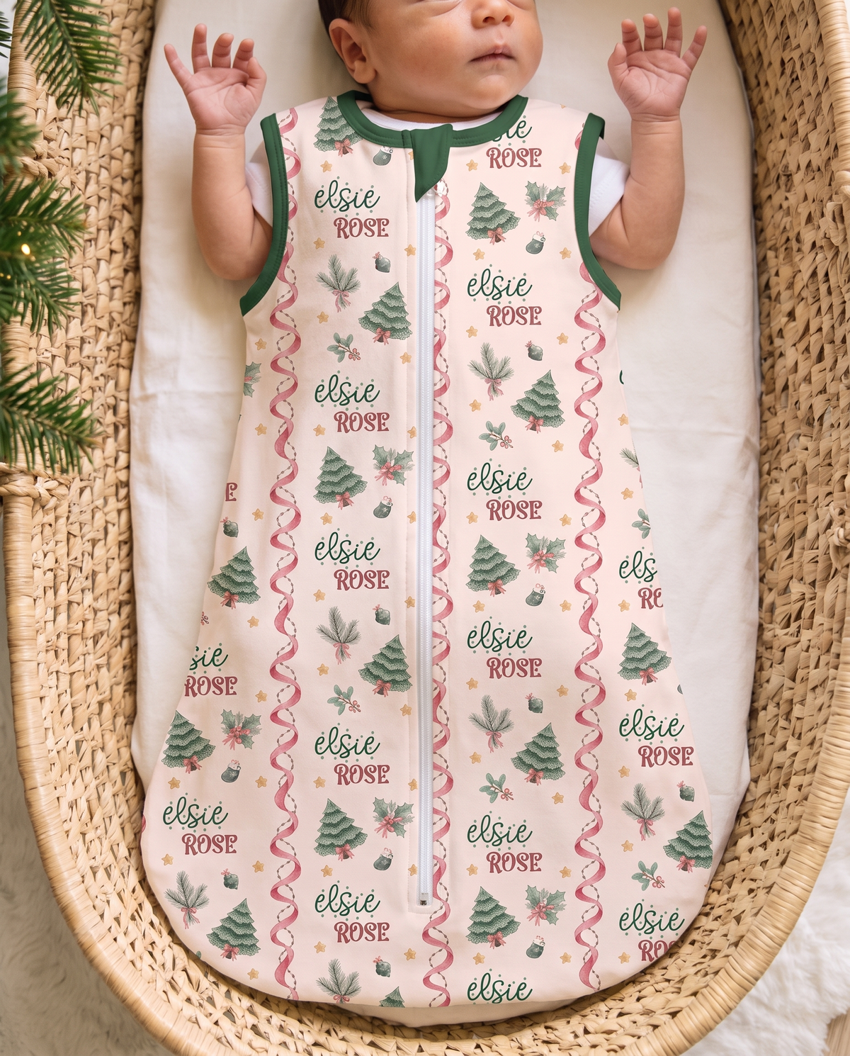 Baby wearing the Sweetly Trimmed sleep bag
