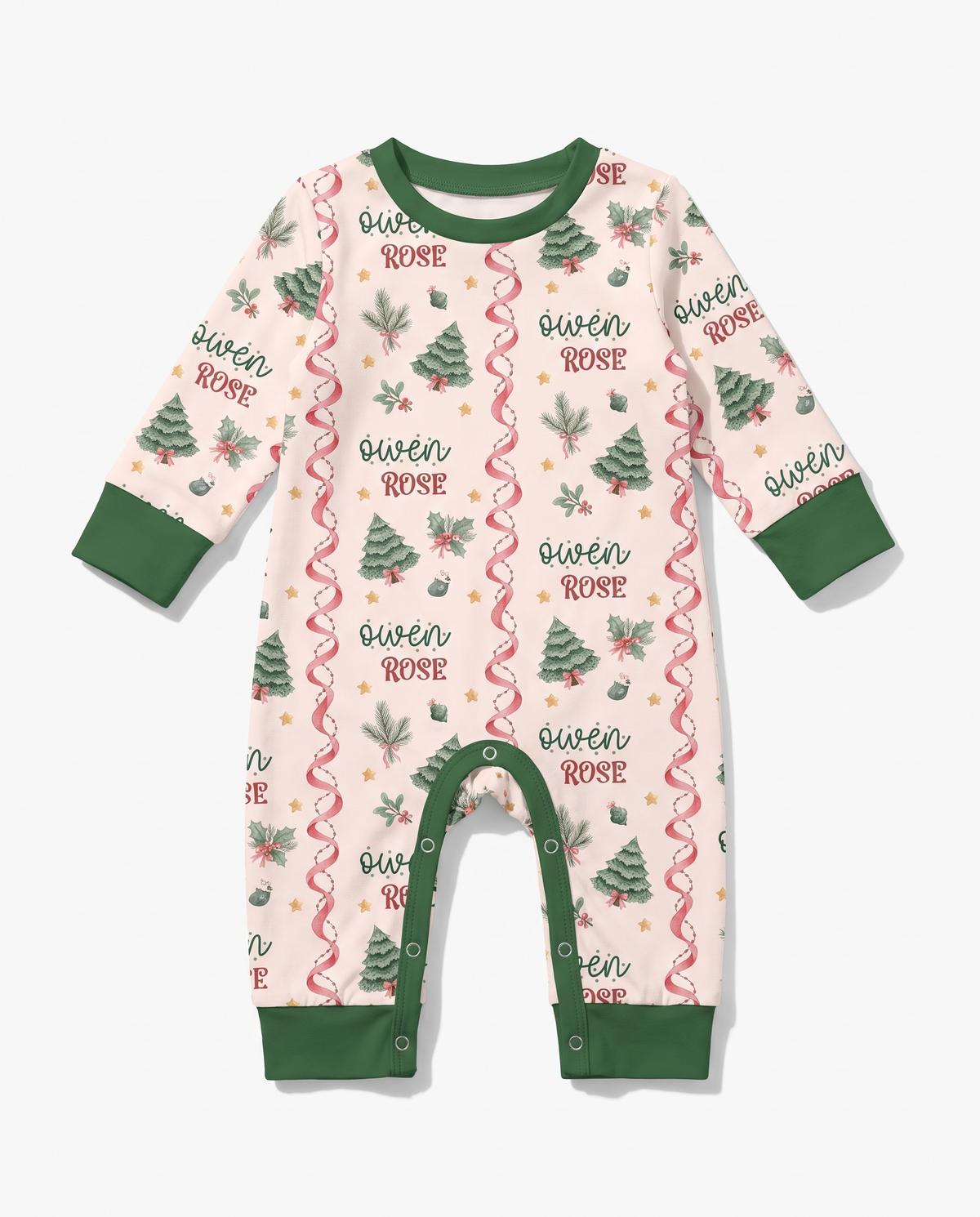 Sweetly Trimmed long-sleeved snap romper on a white background