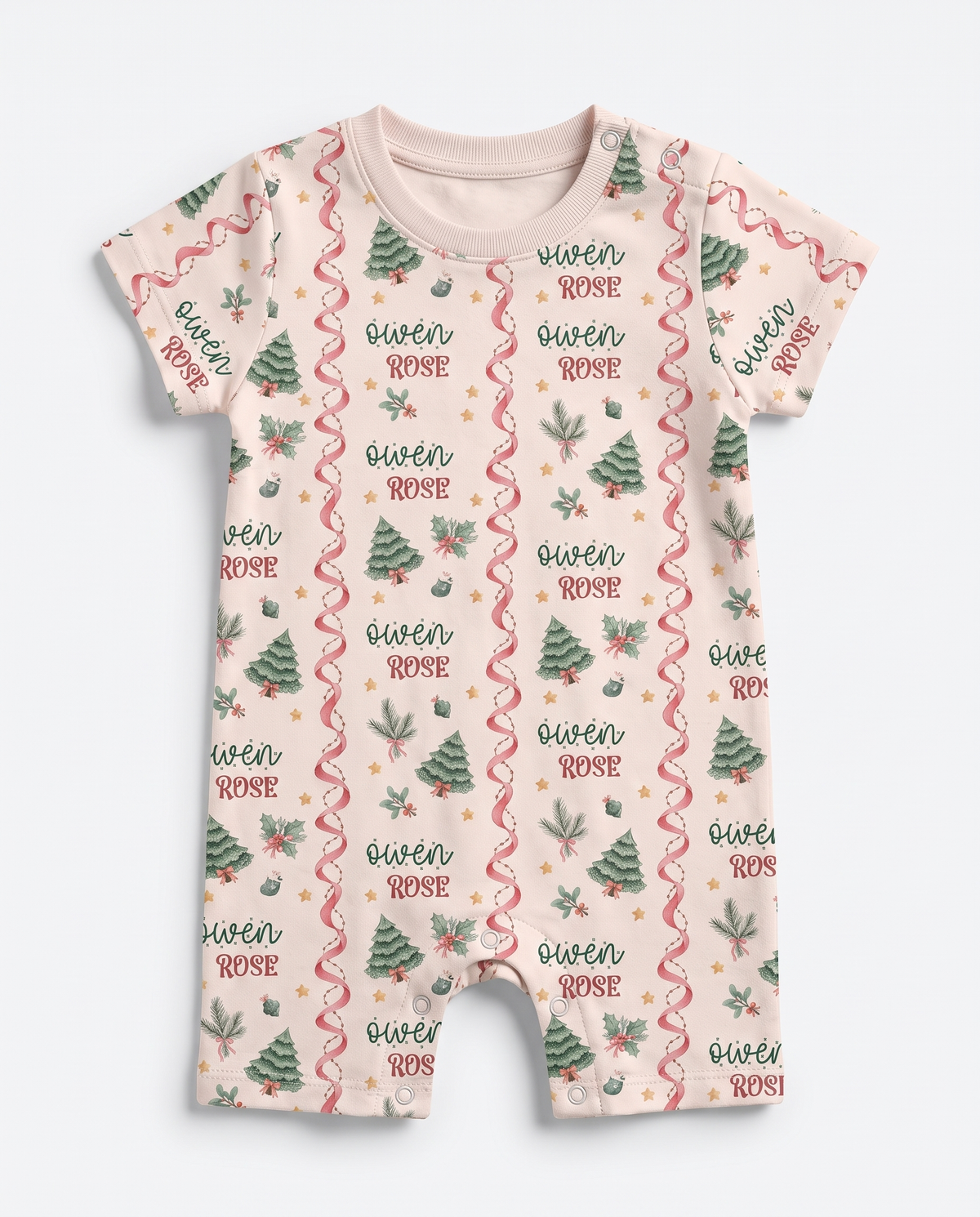 Sweetly Trimmed snap romper on a white background