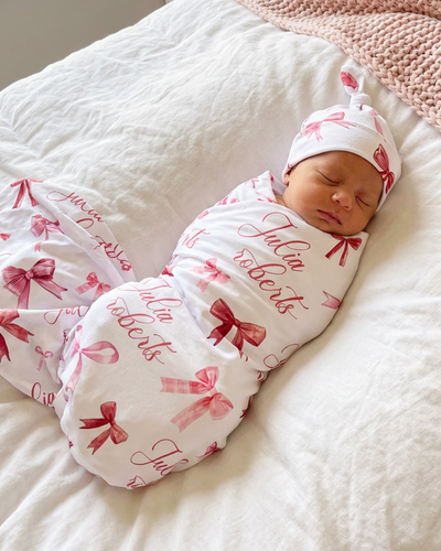 Personalized Swaddle in White Coquette Bow