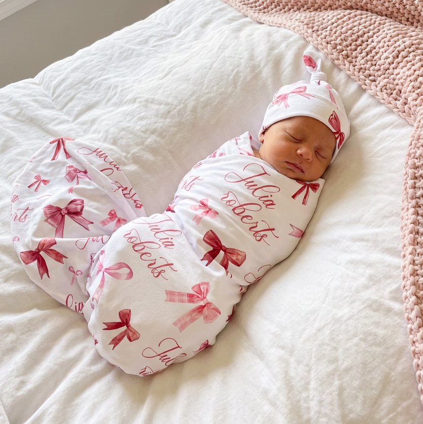 Personalized Swaddle in White Coquette Bow