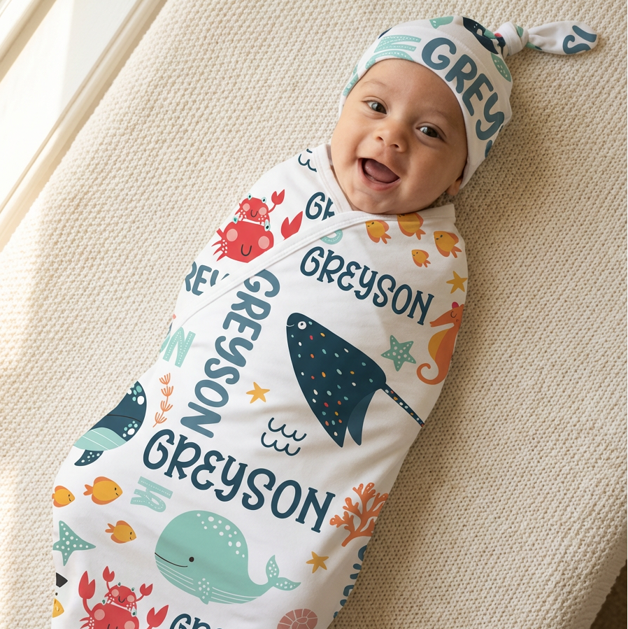 Personalized Swaddle in Ocean Animals
