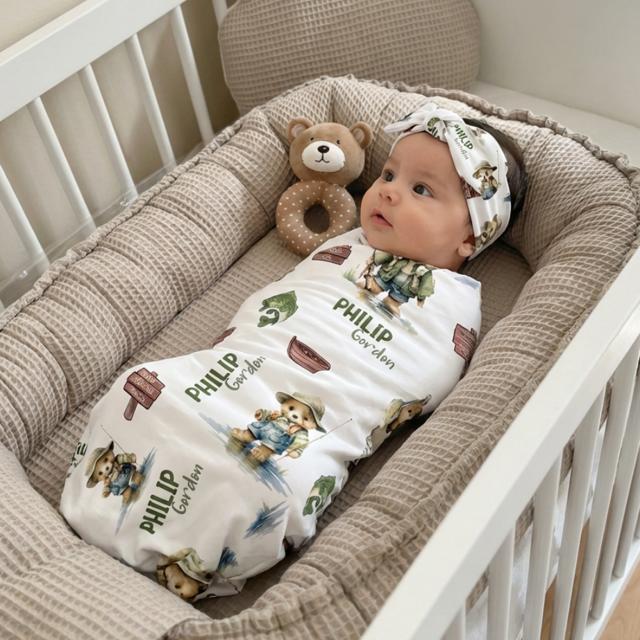 Personalized Swaddle in Bear Fishing