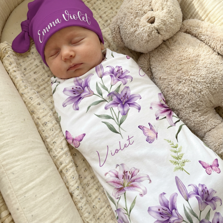Personalized Swaddle in Purple Lilys