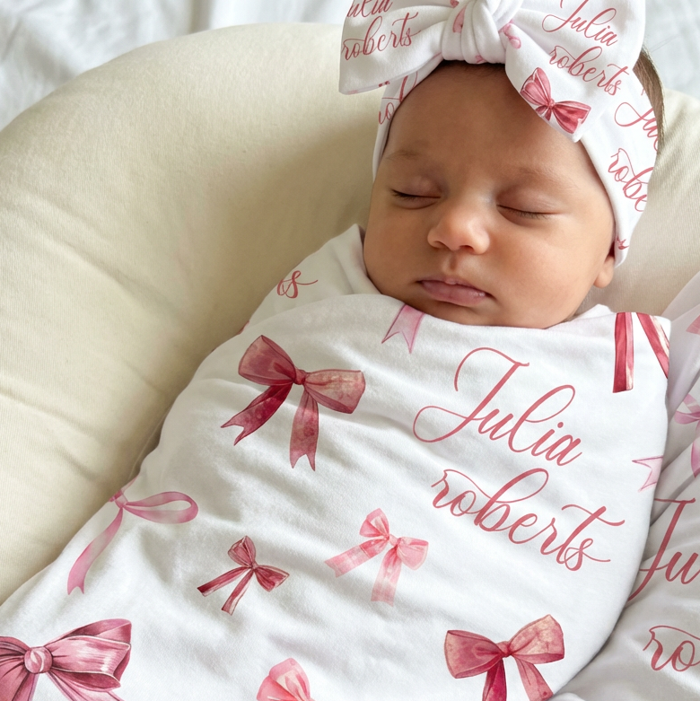 Personalized Swaddle in White Coquette Bow