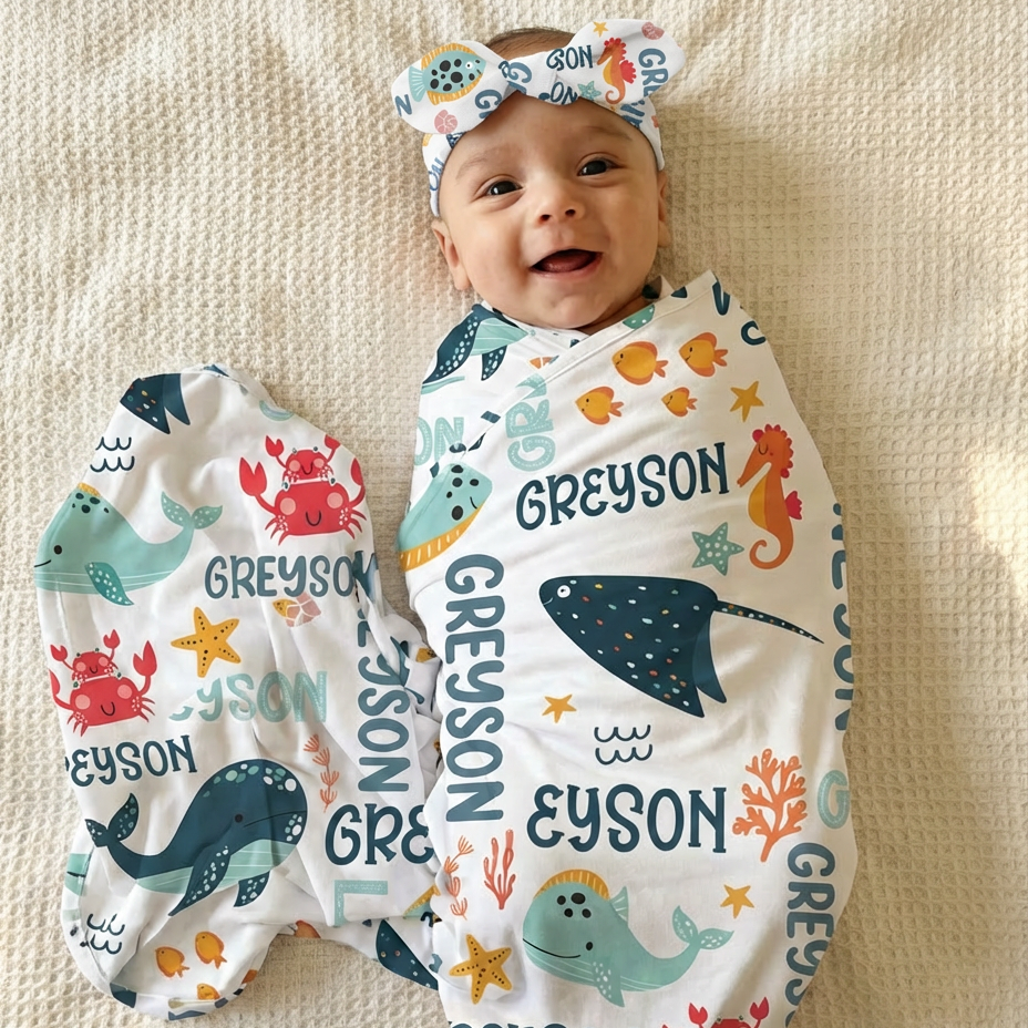 Personalized Swaddle in Ocean Animals