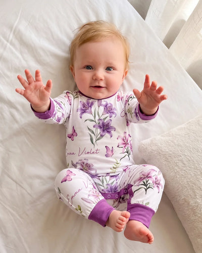 Personalized Long-sleeved Snap Romper in Purple Lilys