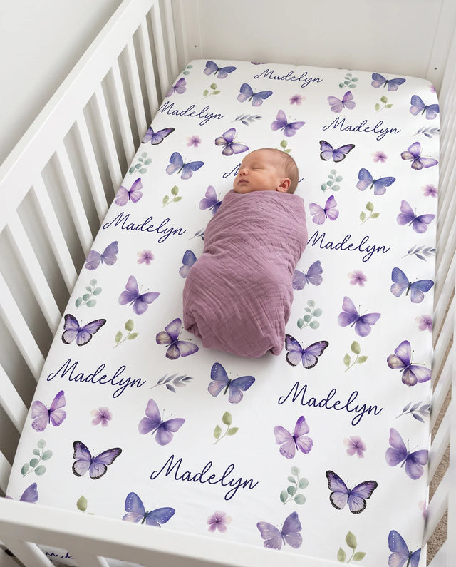 Personalized Crib Sheet in Purple Butterfly