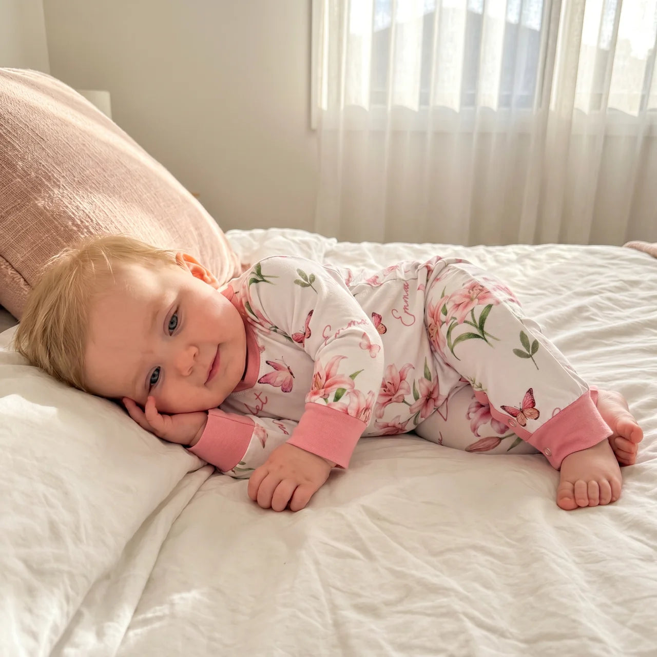 Personalized Baby Long-sleeved Snap Romper in Pink Lilys