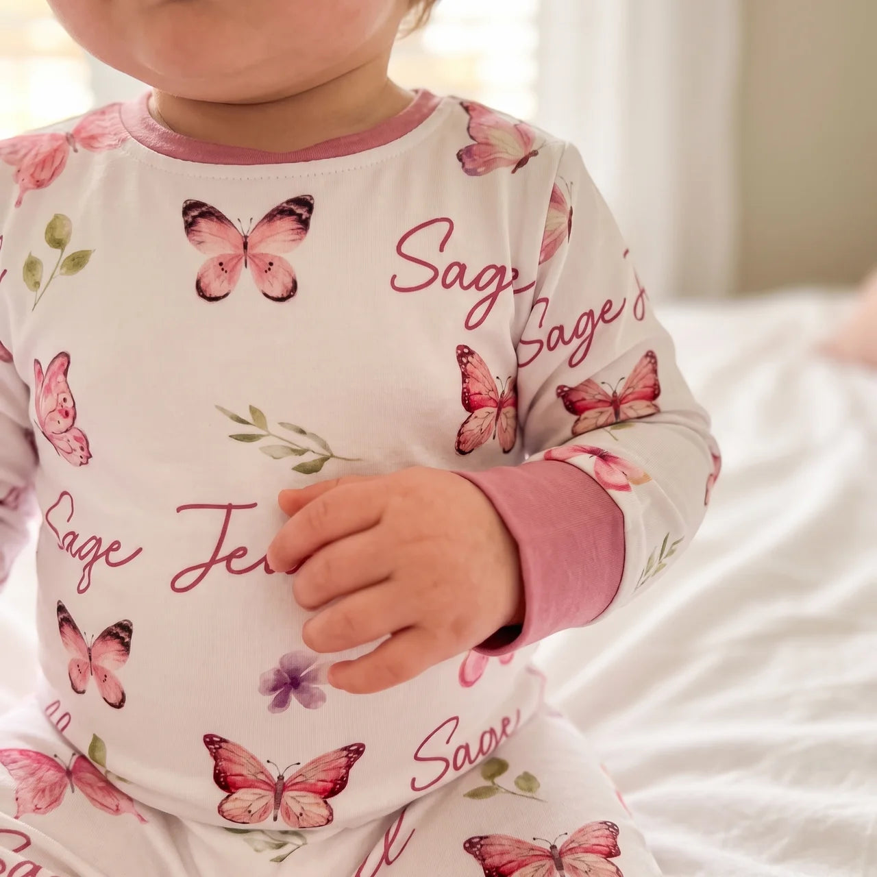 Personalized Long-sleeved Snap Romper in Pink Butterfly