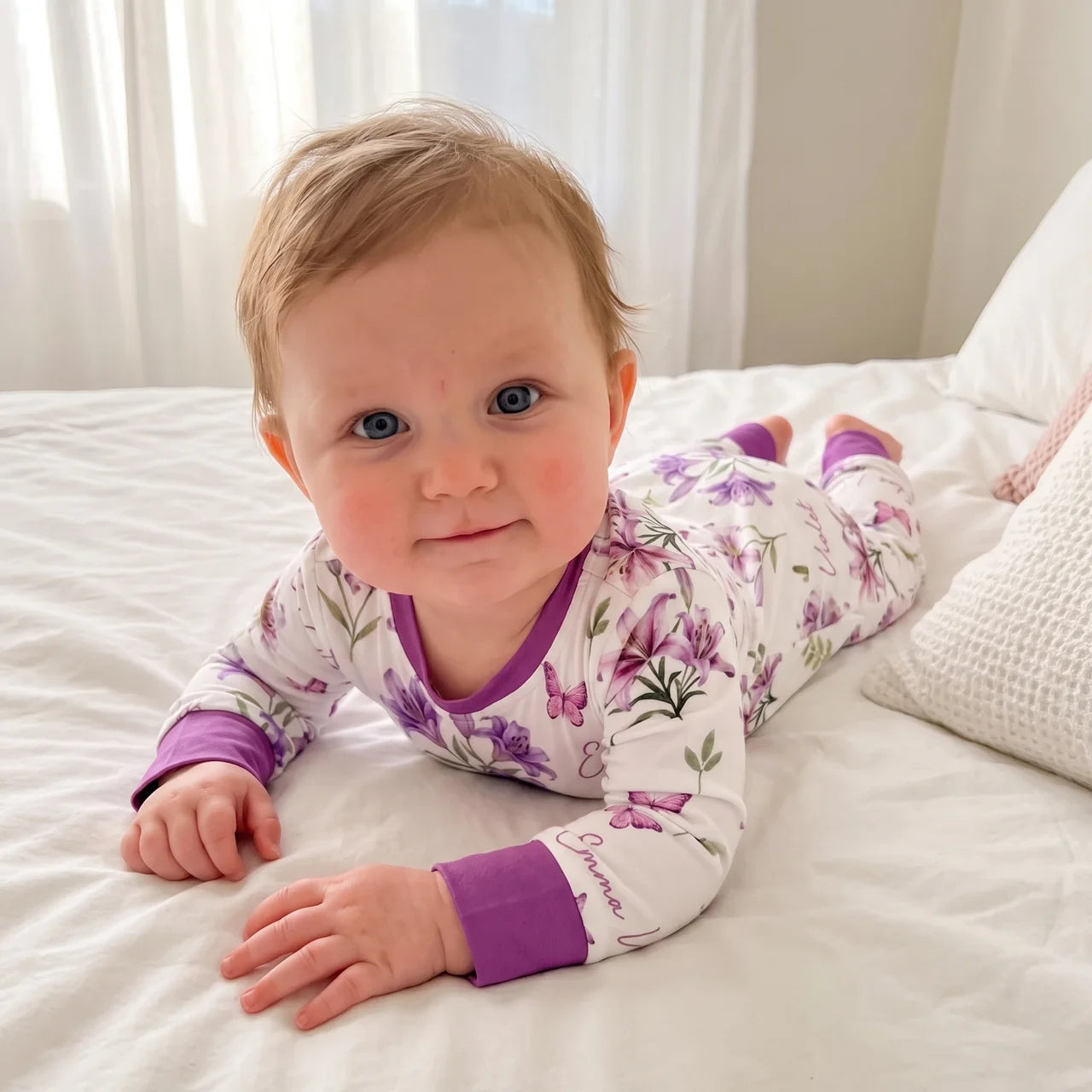 Personalized Long-sleeved Snap Romper in Purple Lilys