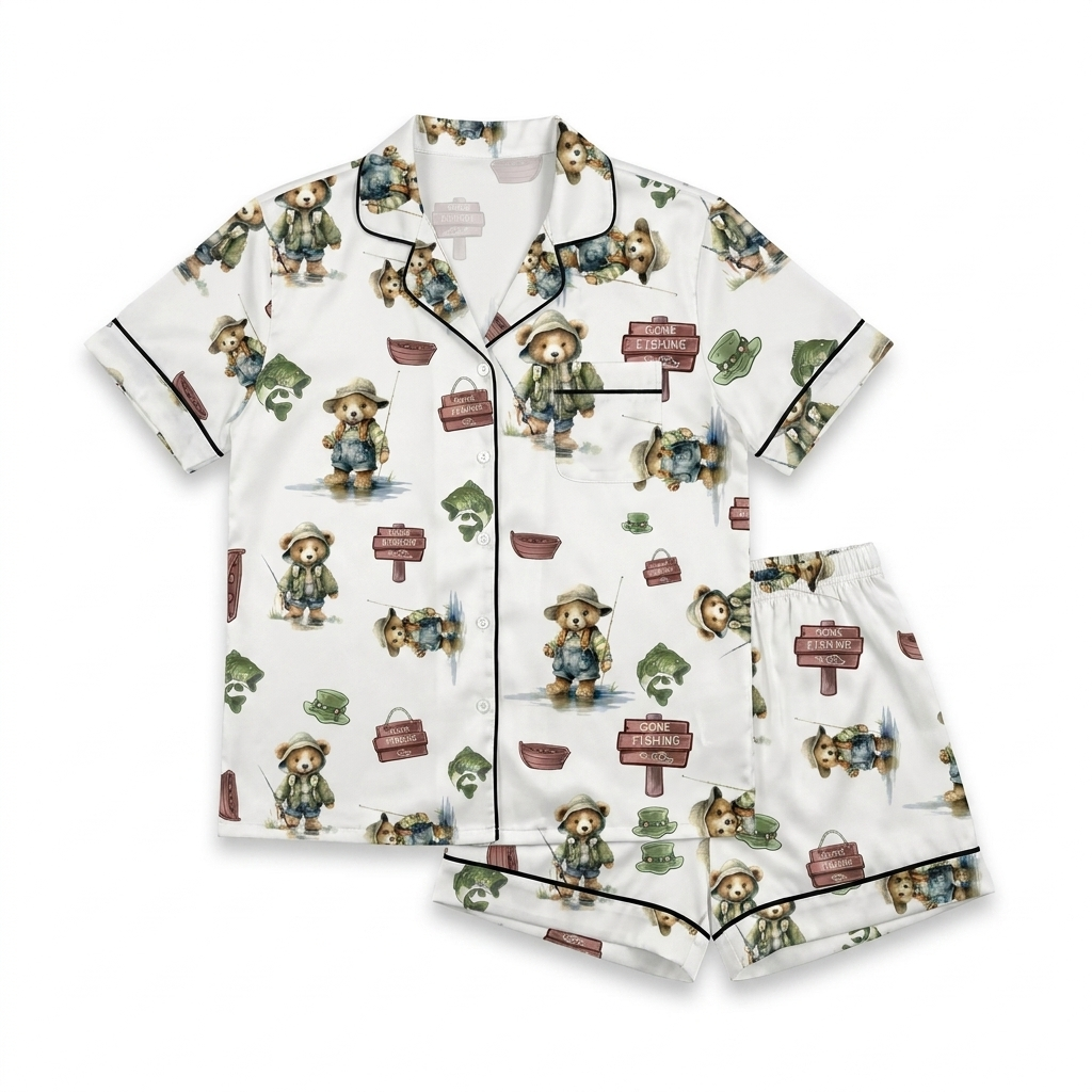 Short-Sleeved Women's Pajama Set in Bear Fishing