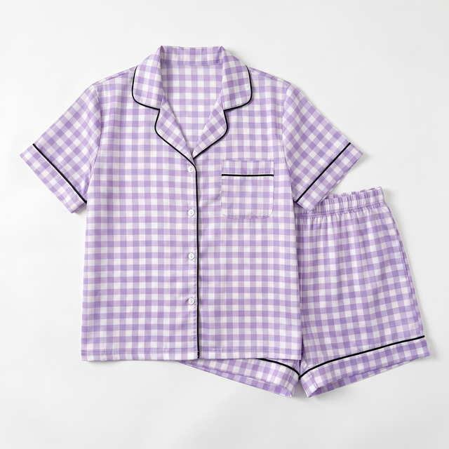 Short-Sleeved Women's Pajama Set in Lilac Gingham