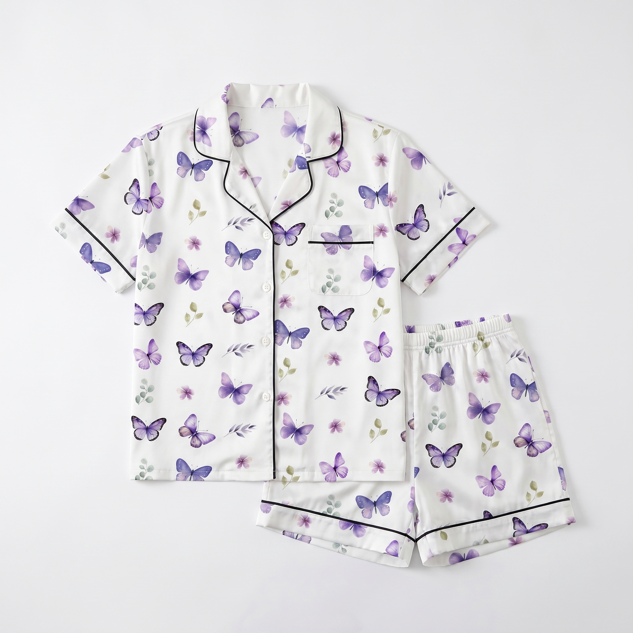 Short-Sleeved Women's Pajama Set in Purple Butterfly