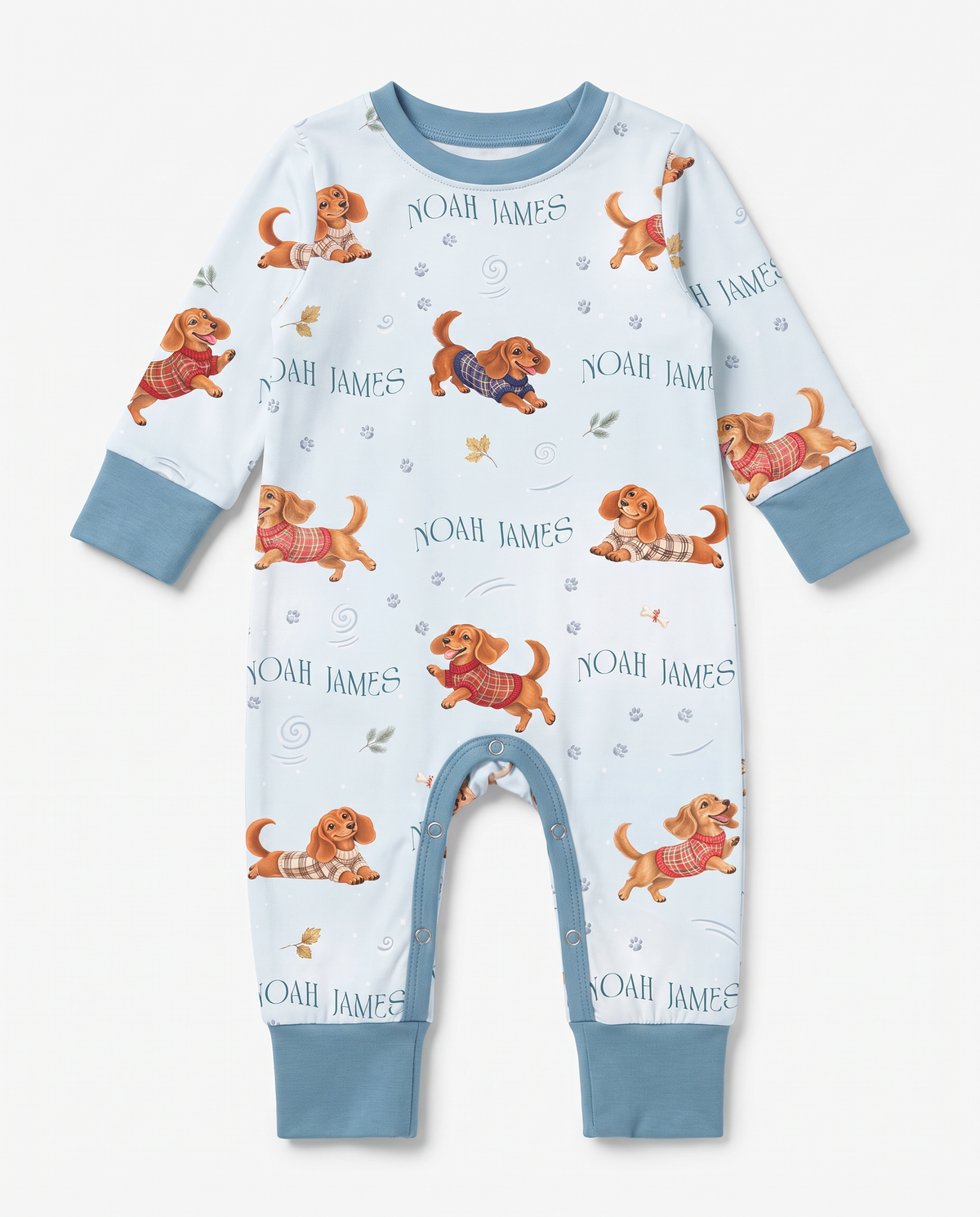 Personalized Long-sleeved Snap Romper in Winter Wag