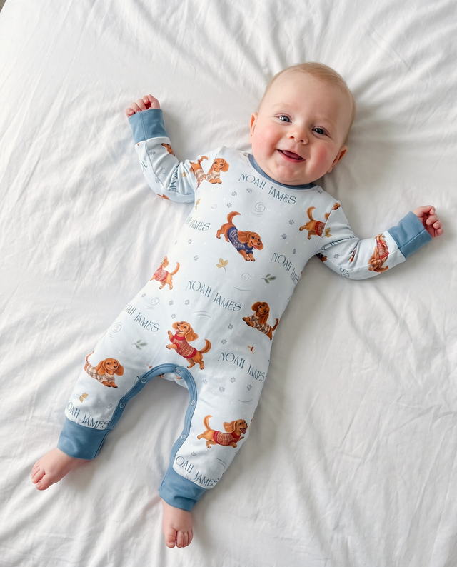 Personalized Long-sleeved Snap Romper in Winter Wag