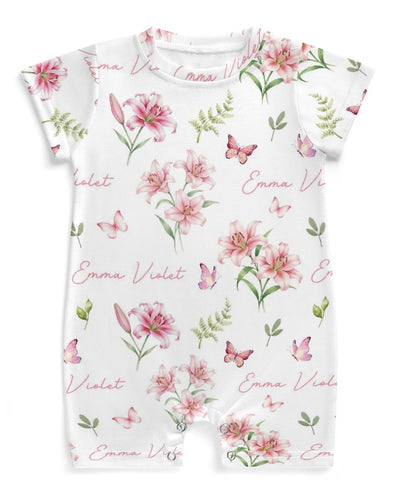 Personalized Snap Romper in Pink Lilys