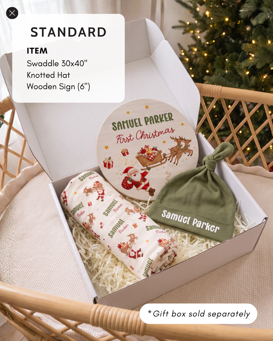 Standard gift set: swaddle, knotted hat and wooden sign in a gift box