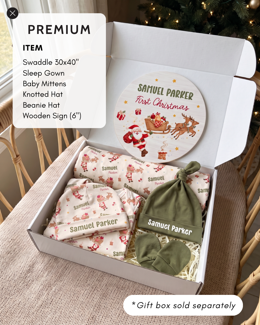 Premium gift set: swaddle, sleep gown, mittens, knotted hat, beanie and wooden sign in a gift box