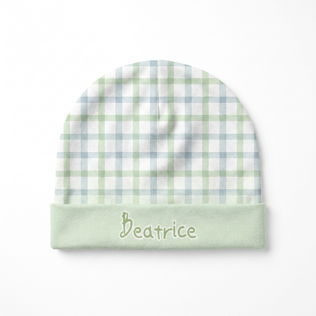 Personalized Beanie in Sage Blue Plaid