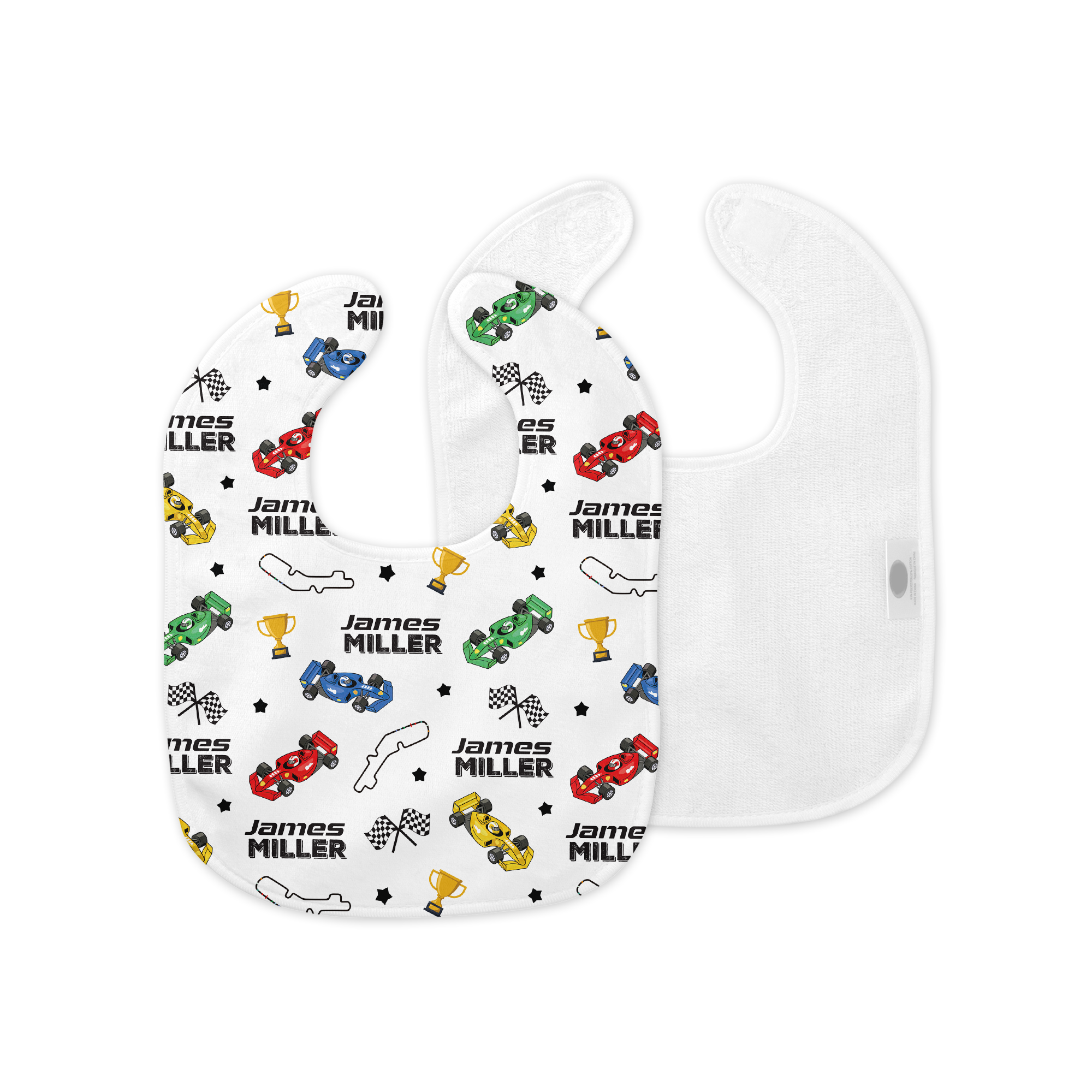 Personalized Bib and Burp Cloth Set in Pit Crew