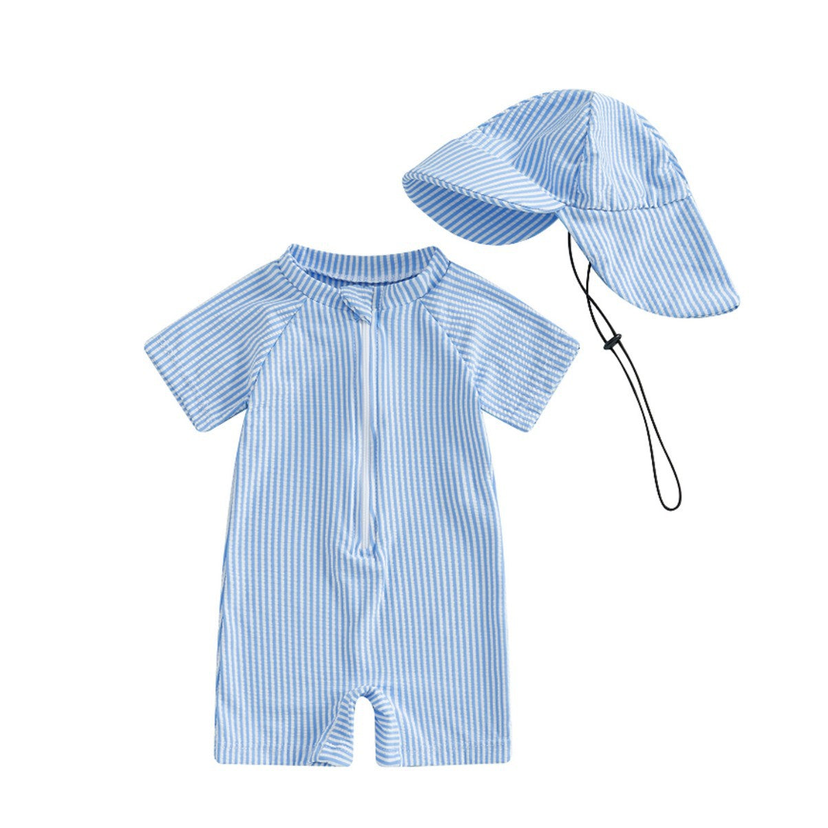 Striped Swim Romper with Hat in Blue